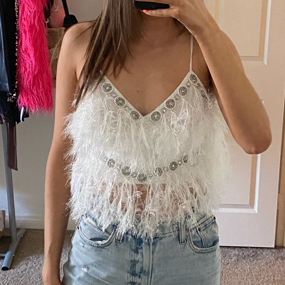 Cropped White Feather Embellished Tank